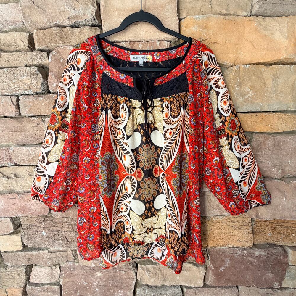 Anthropologie Figueroa & Flower Size Large Floral Lace Peasant Boho Blouse Top